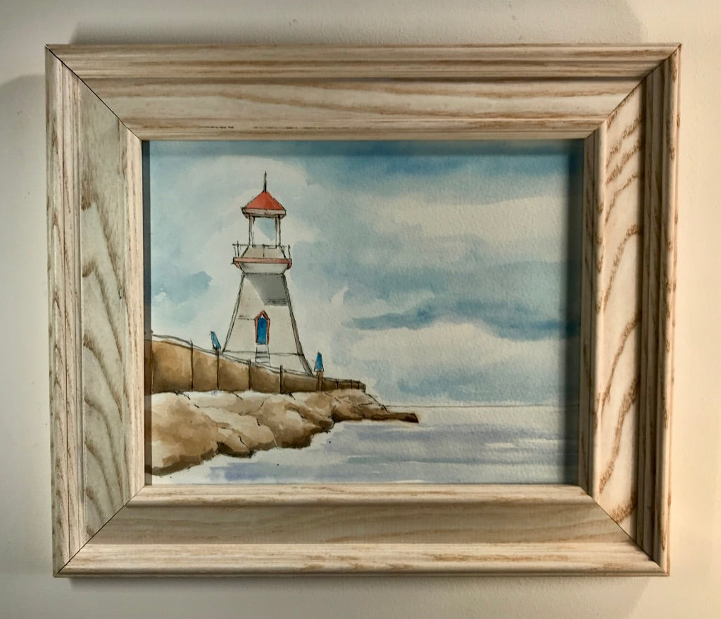 Watercolour painting of lighthouse, chunky rustic frame 30x35cm