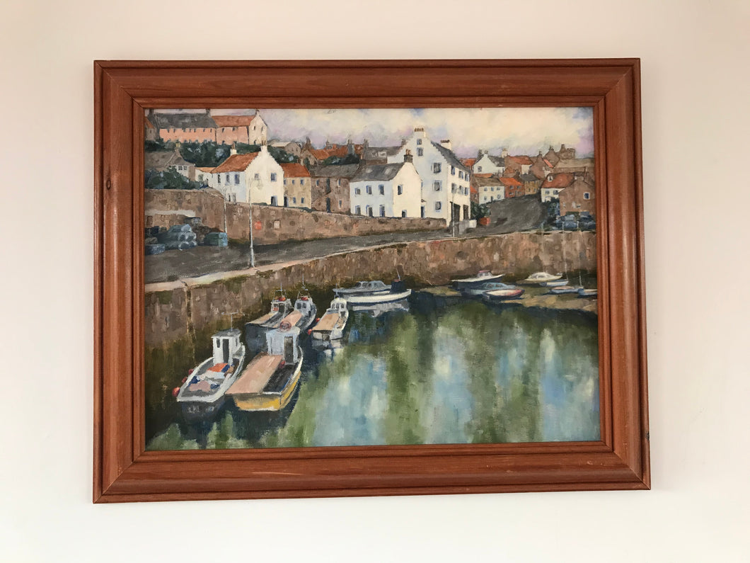 Traditional harbour scene, acrylic on board 45x35cm dark pine frame