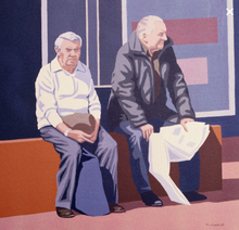 Load image into Gallery viewer, Two men, Salford. acrylic on paper, framed. 60x60cm
