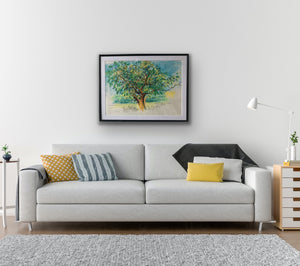 Bushy tree 63x82cm original pastel drawing. Thin black frame